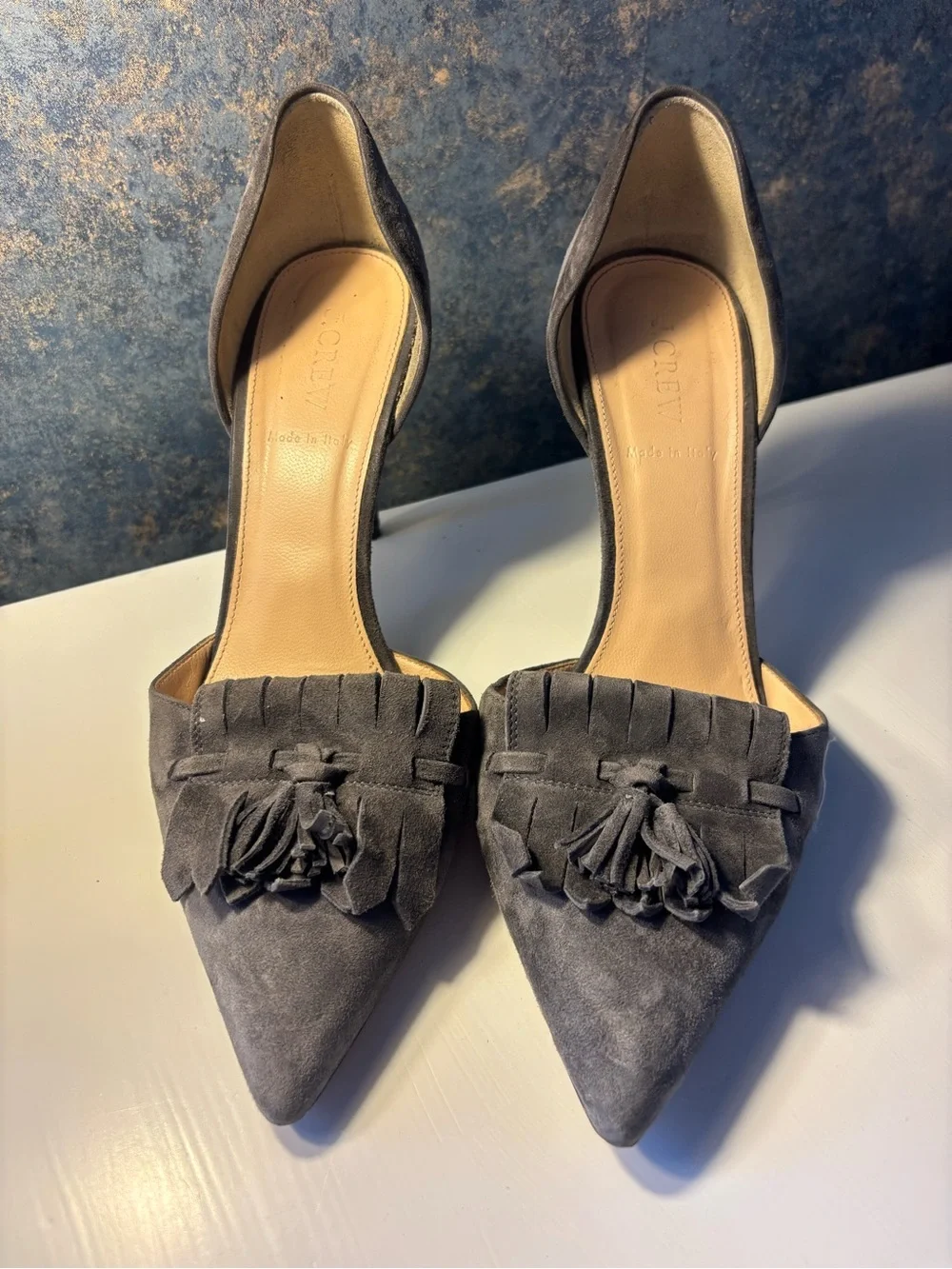 J. Crew Gray Suede D'Orsay Pointed-Toe Heels with Bow